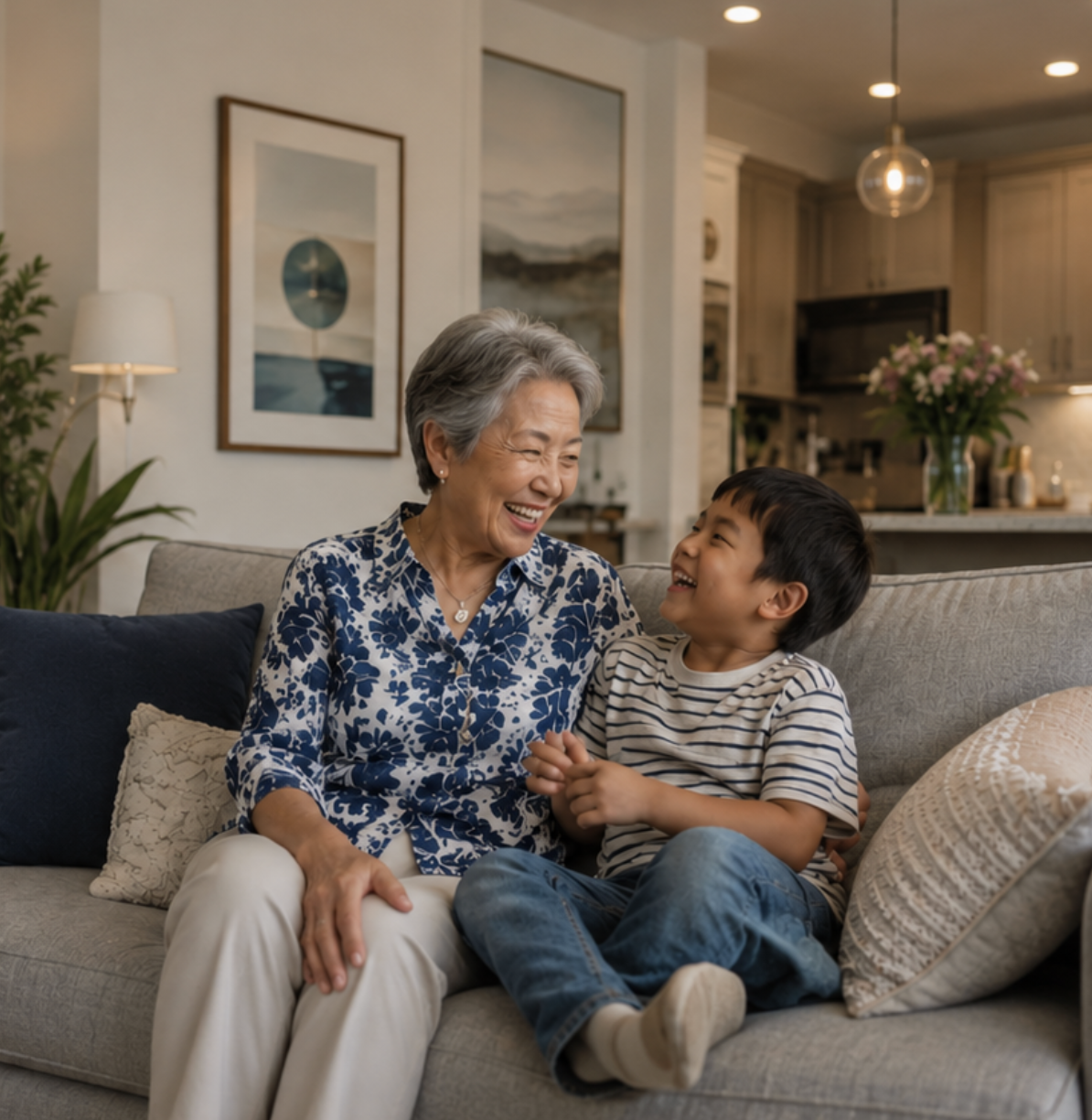Grandmother and grandson laughing together on the couch